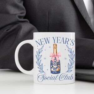 🍾 Retro New Year 2025 Mug - Champagne Bottle & Bow, New Year's Social Club